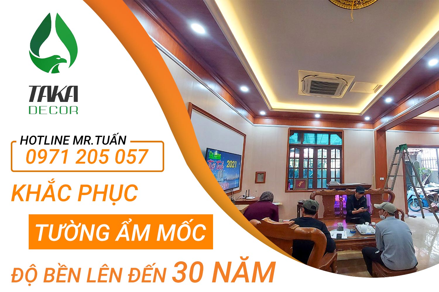 Khắc phục sửa chữa tường và trần bị ẩm mốc bong tróc sơn bằng tấm ốp tường pvc