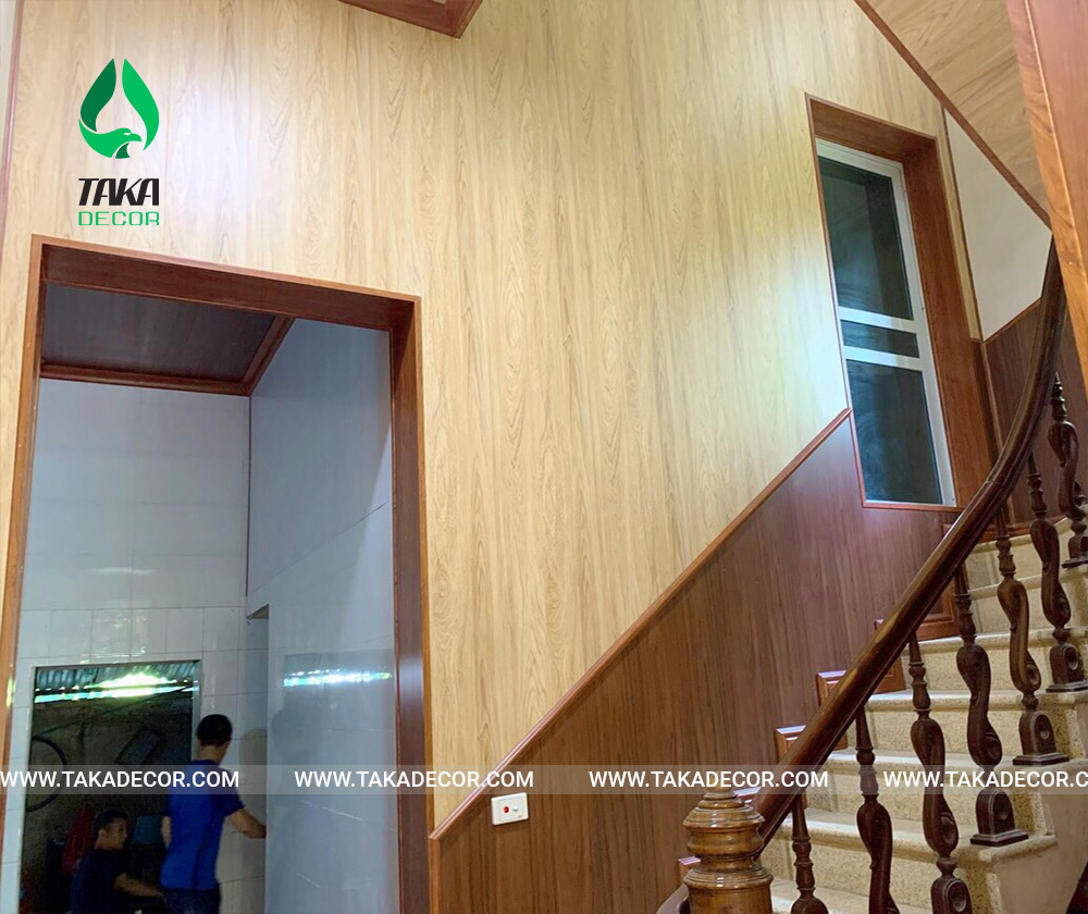 công trình thi công tấm nhựa ốp tường pvc giả gỗ sồi