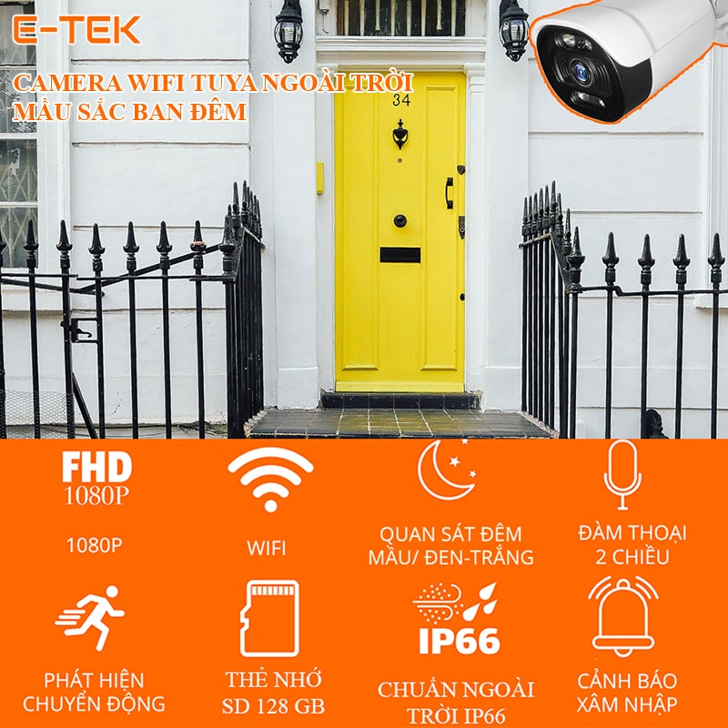 tính năng camera wifi tuya ngoài trời full HD, mầu đêm W02DR2