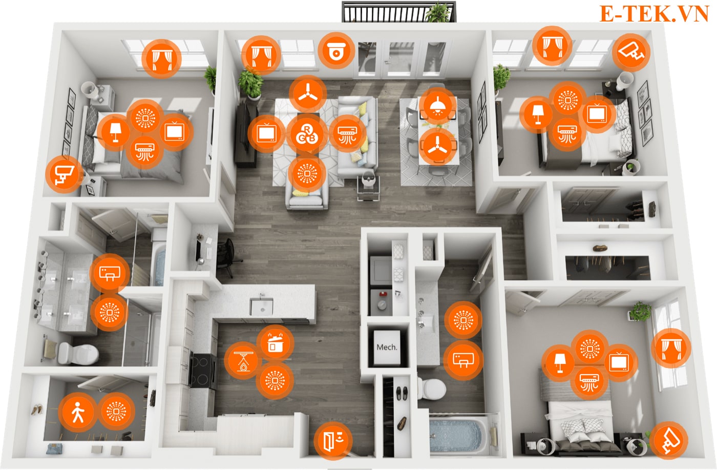 Sơ đồ bố trí căn hộ chung cư thông minh tuya 3 phòng ngủ