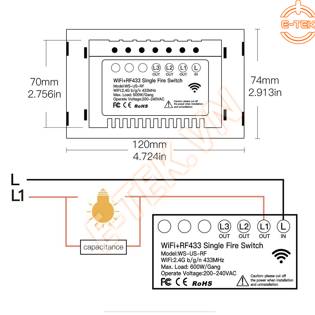Mô hình đấu điện công tắc cảm ứng wifi TUYA không dùng dây N
