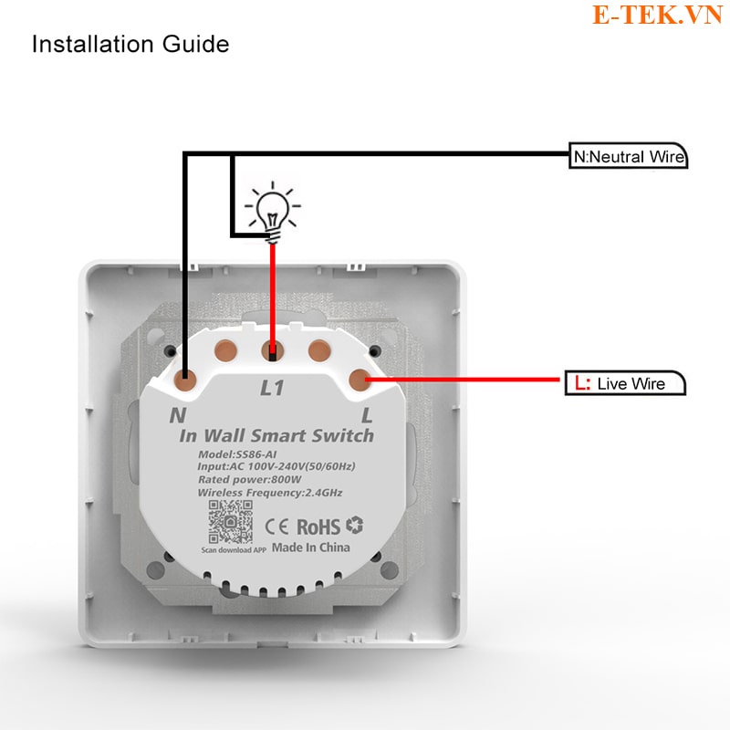 Công tắc TUYA Wifi sơ đồ đấu dây 1 cổng