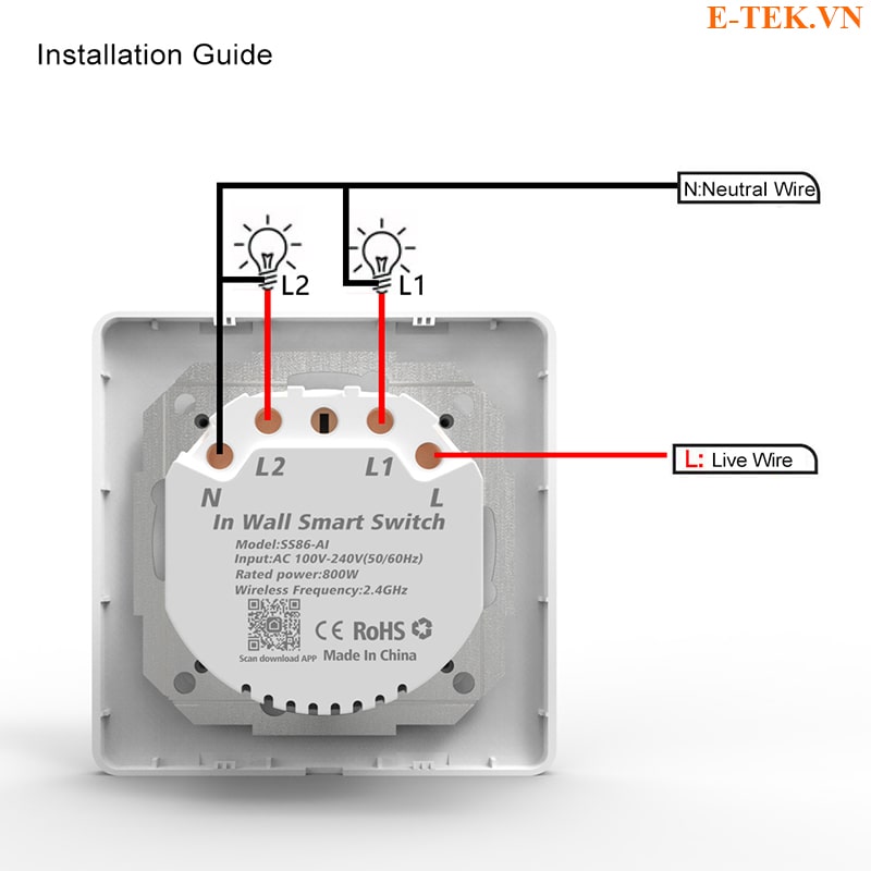 Công tắc TUYA Wifi  sơ đồ đấu dây 2 cổng