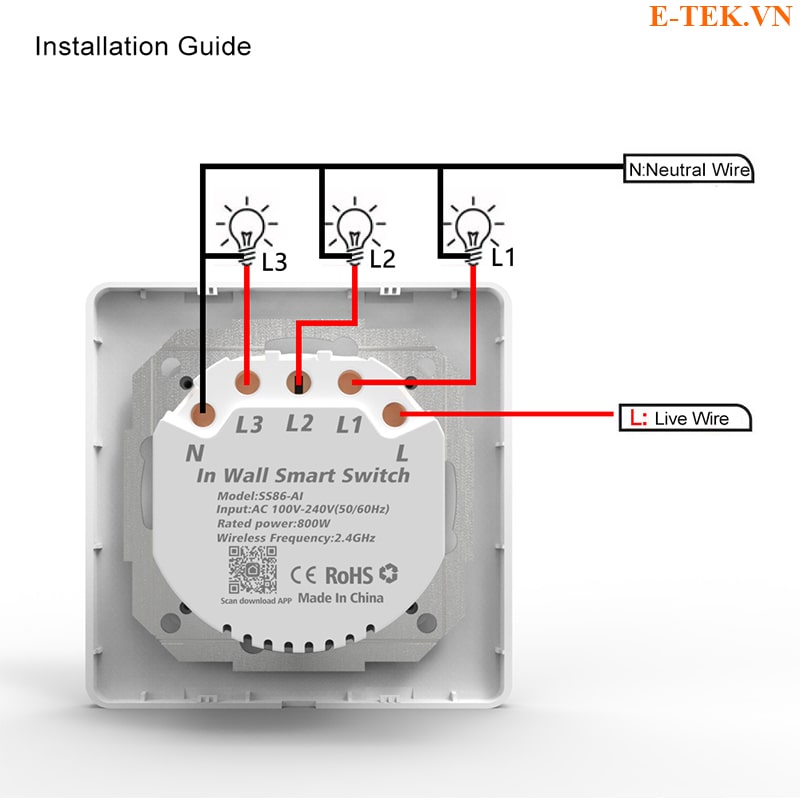 Công tắc TUYA Wifi  sơ đồ đấu dây 3 cổng