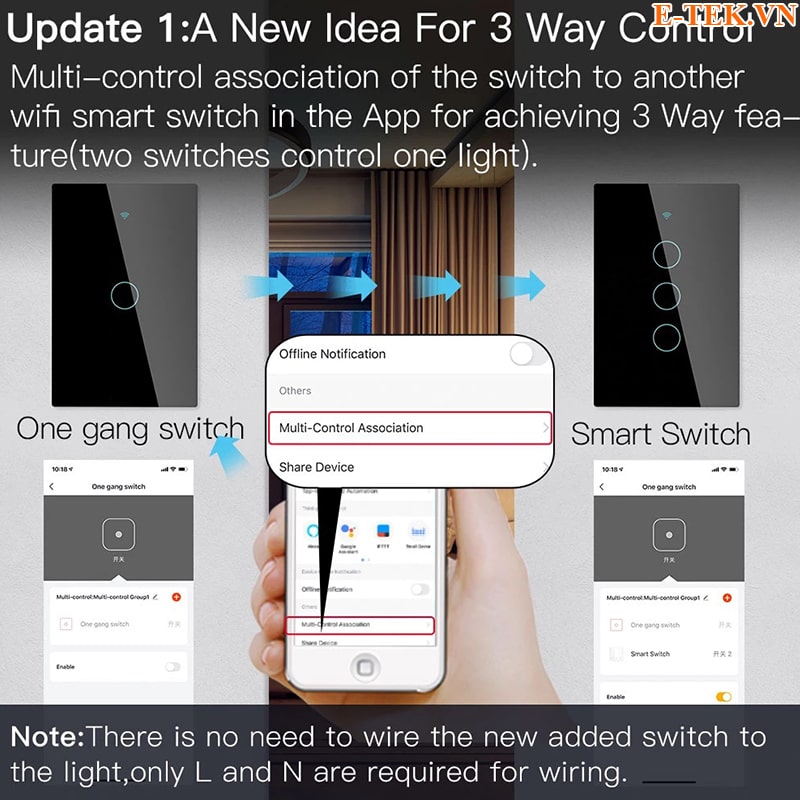 Công tắc thông minh tuya hỗ trợ nhiều công tắc điều khiển chung 1 lộ bóng đèn