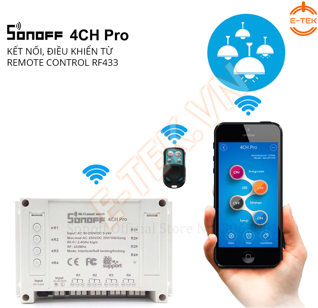 Công tắc thông minh SONOFF 4 Cổng 4CHPROR3 hỗ trợ điều khiển từ xa trên Remote control RF433