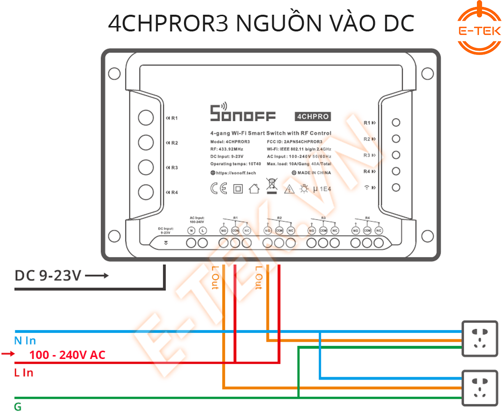 Công tắc thông minh SONOFF 4 Cổng 4CHPROR3 sơ đồ cấp nguồn DC