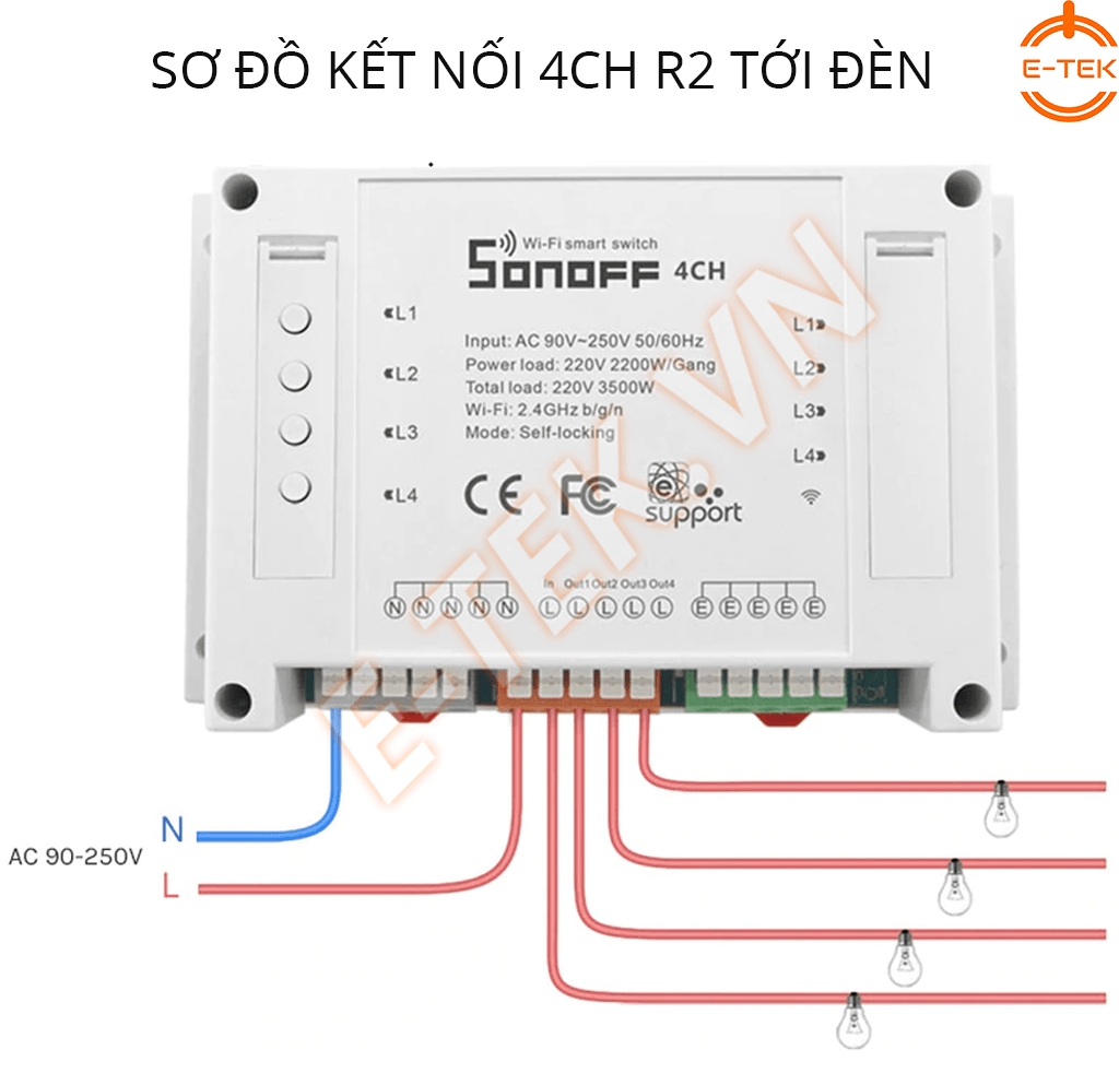Công tắc thông minh SONOFF 4 Cổng 4CHR2 sơ đồ đấu nối điều khiển đèn