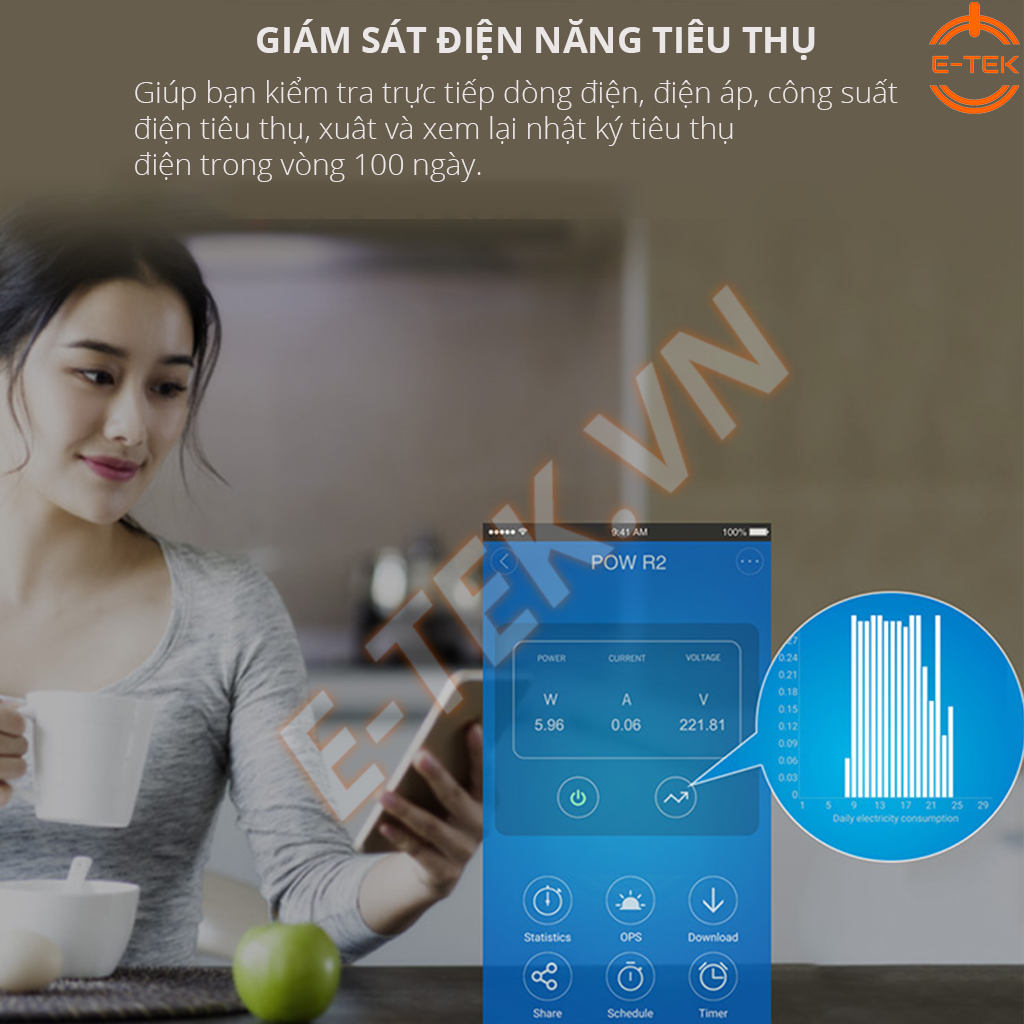 Công tắc thông minh giám sát điện năng tiêu thụ Sonoff Pow R2 hỗ trợ xem lại nhật ký tiêu tụ điện trong 100 ngày