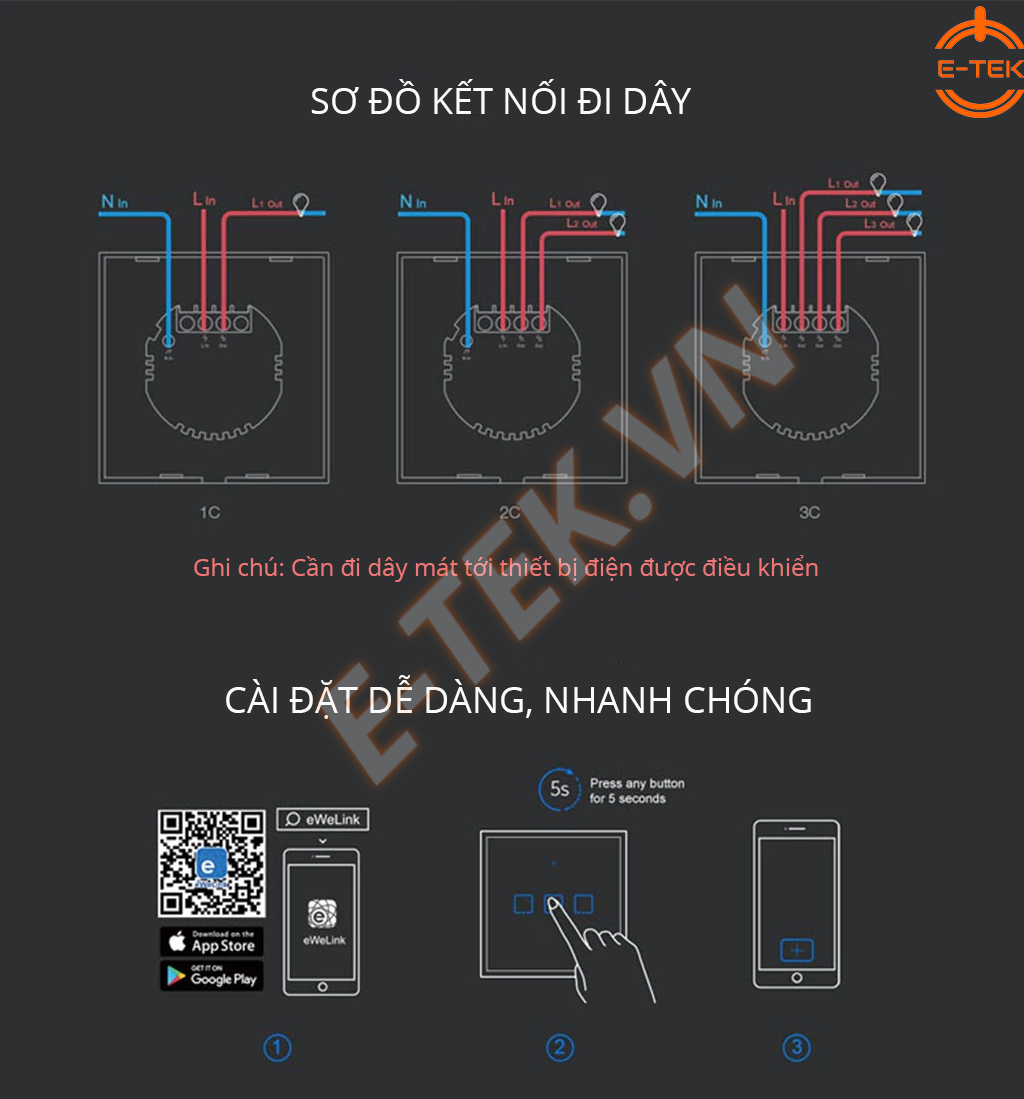 Công tắc cảm ứng thông minh SONOFF T3EU sơ đồ kết nối điều khiển bóng đèn