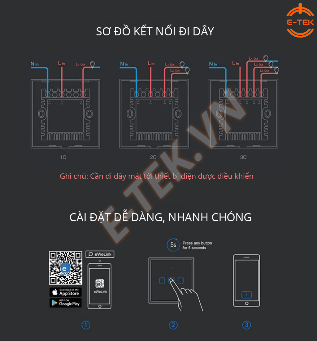 Công tắc cảm ứng thông minh SONOFF T3UK sơ đồ đầu nối điều khiển đèn