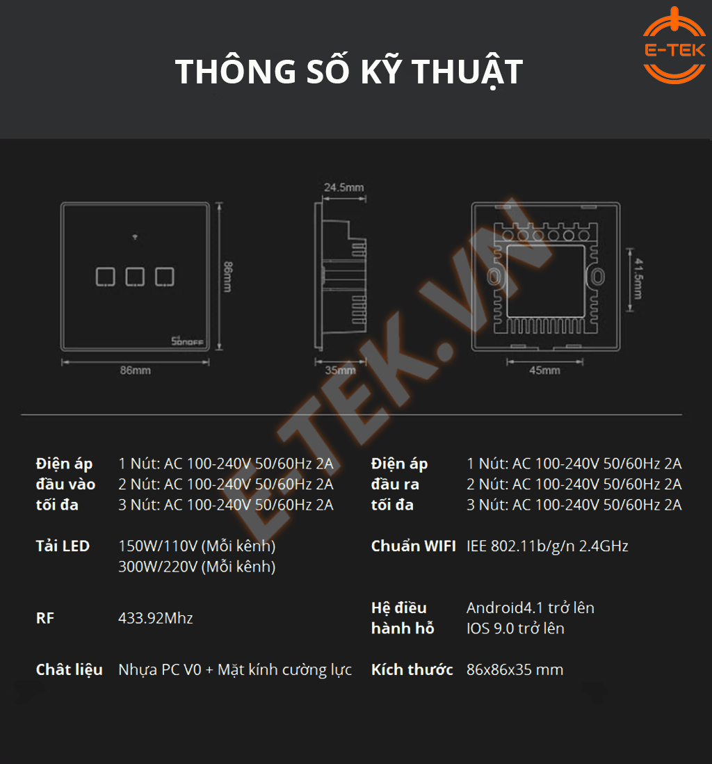 Công tắc cảm ứng thông minh SONOFF T3UK thông số kỹ thuật
