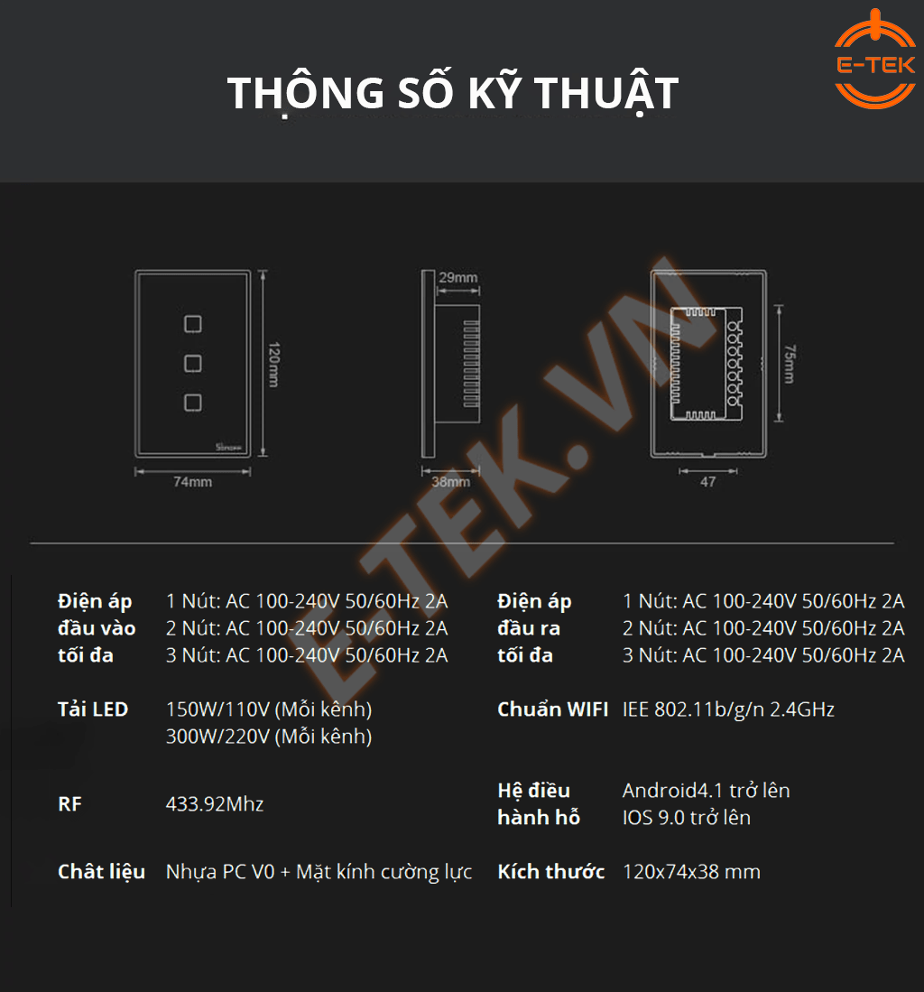 Công tắc cảm ứng thông minh SONOFF T3US thông số kỹ thuật