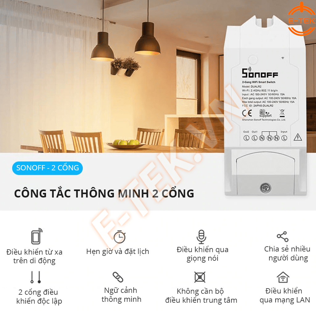 Công tăc thông minh Sonoff 2 cổng Dual R2 tính năng điều khiển từ xa, hẹn giờ, đếm ngược tắt bật tự động