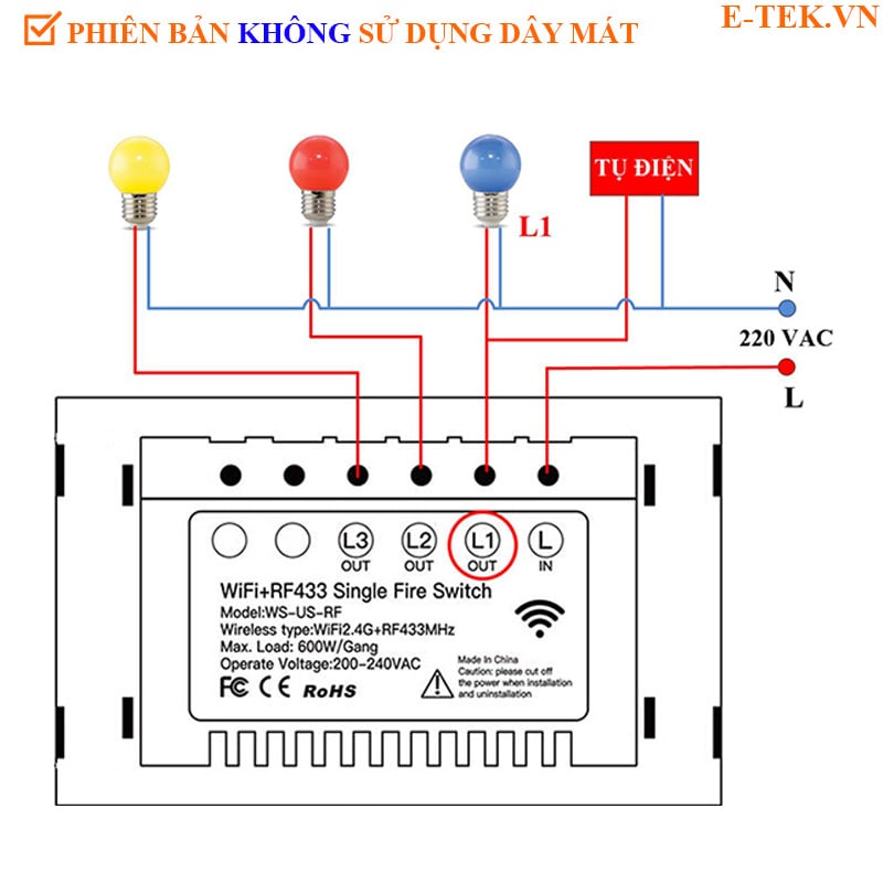 Sơ đồ đấu dây: Công tắc Wifi Tuya không dùng dây mát (N)