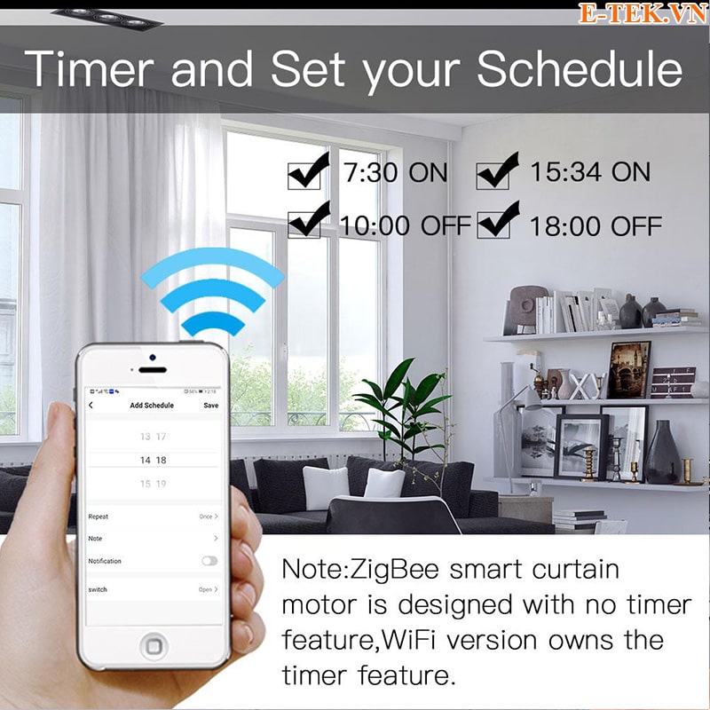 Động cơ Rèm tự động Tuya hỗ trợ hẹn giờ lập lích đóng mở rèm