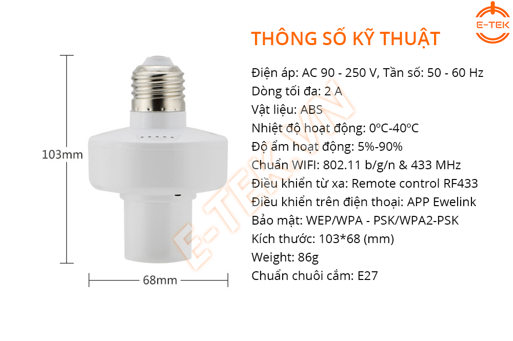 ĐUI ĐÈN THÔNG MINH SONOFF THÔNG SỐ KỸ THUẬT