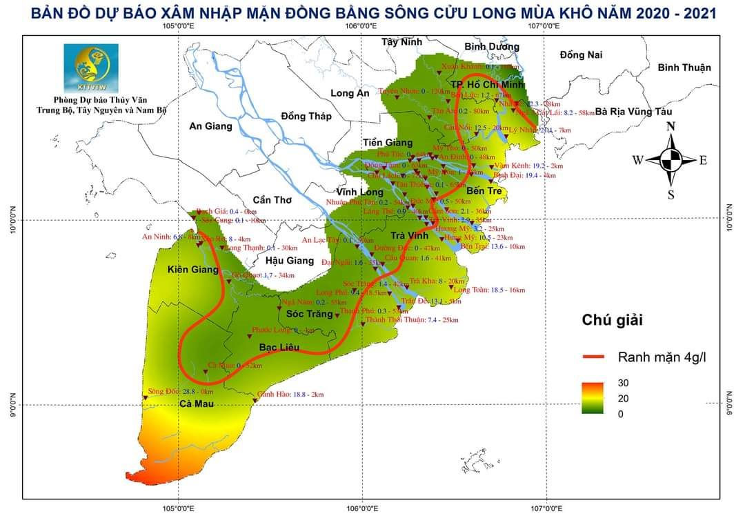 Bản đồ dự báo xâm nhập mặn ĐBSCL 2020-2021