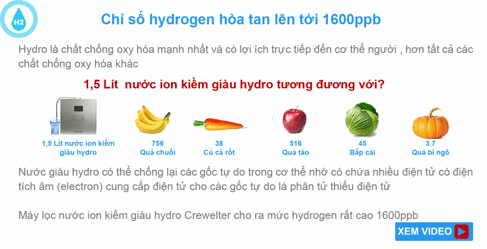 Máy Điện Giải Ion Kiềm Crewelter 9 Full tạo ra nước ion kiềm có khả năng chống Oxy hoá cao