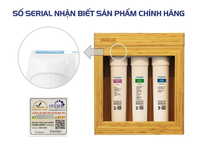 Máy Lọc Nước Nano GEYSER ECOLUX A có số serial trên máy để kiểm tra hàng chính hãng.