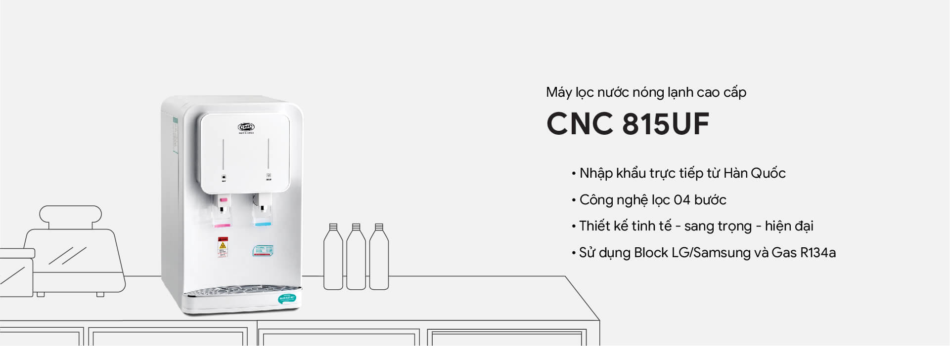 Máy Lọc Nước Nóng Lạnh Để Bàn CNC CNC815UF, NANO có thiết kế nhỏ gọn, màu sắc sang trọng.