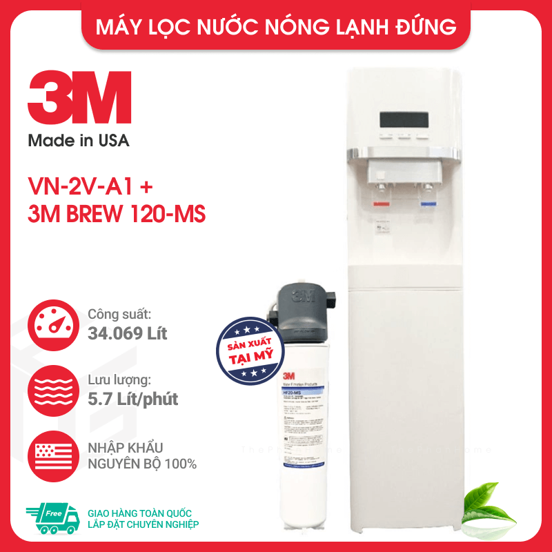 Máy Lọc Nước Nóng Lạnh VN-2V-A1 + Sử Dụng Bộ Lọc 3M BREW 120-MS - Công Suất 5.7 L/phút, Hàng Chính Hãng