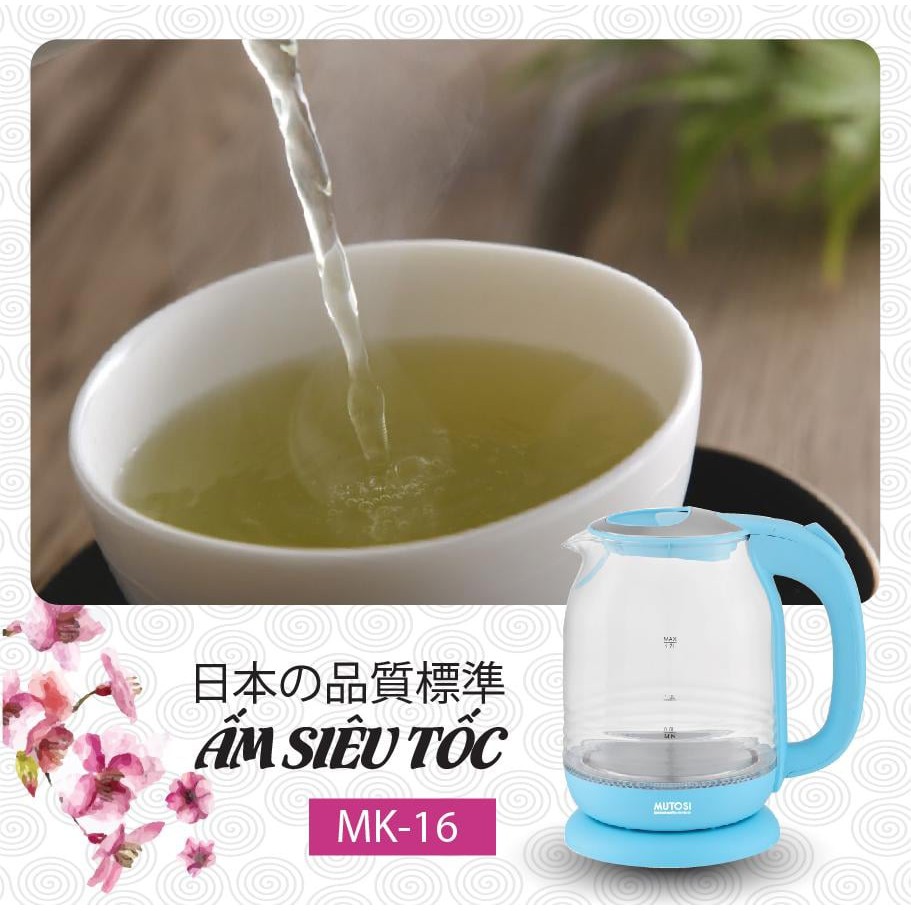 Ấm Đun Siêu Tốc Mutosi MK-16 - 2L, Màu Đen/ Xanh