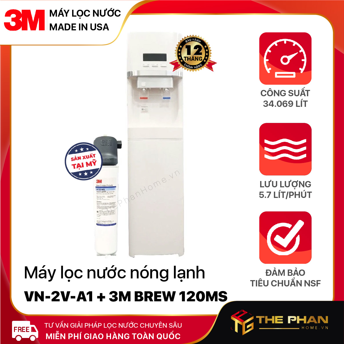 Máy Lọc Nước Nóng Lạnh VN-2V-A1 Sử Dụng Lõi Lọc 3M BREW 120-MS