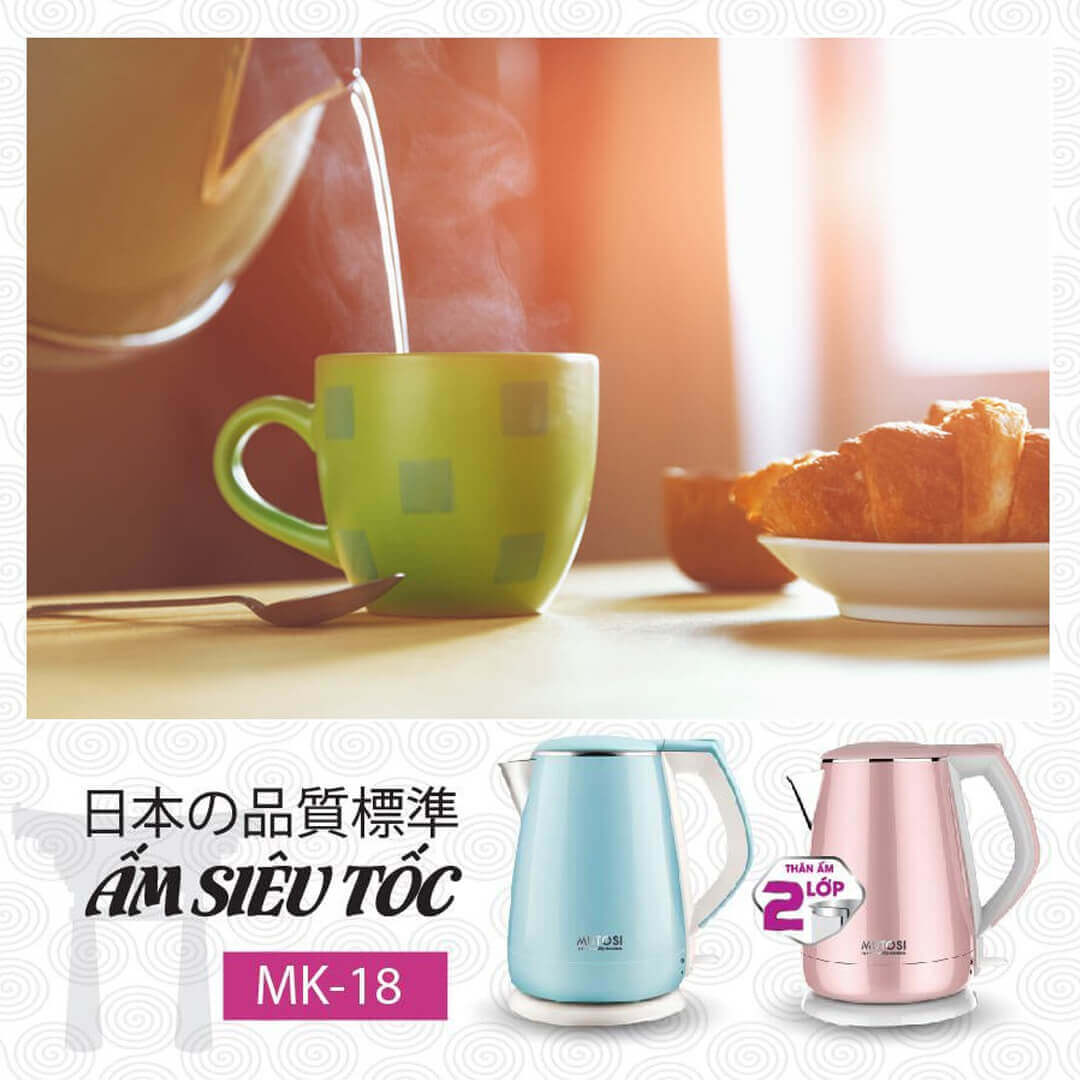 Ấm Đun Siêu Tốc Mutosi MK-18 - 1.7L, Màu Xanh/ Hồng