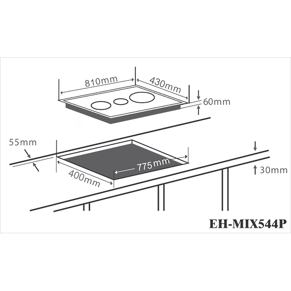 Bếp Điện Từ CHEF'S EH-MIX544P - 3 vùng nấu (2 từ + 1 điện), Cảm ứng 9 mức công suất, Cảm biến an toàn