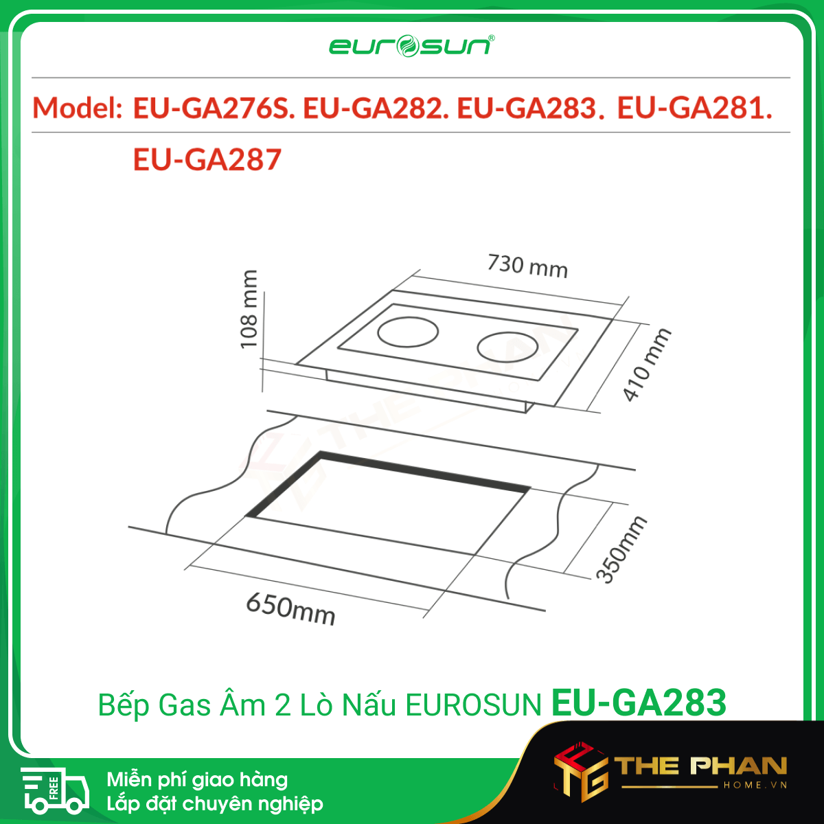 Kích thước lắp đặt Bếp Gas Âm 2 Lò Nấu Eurosun EU-GA283