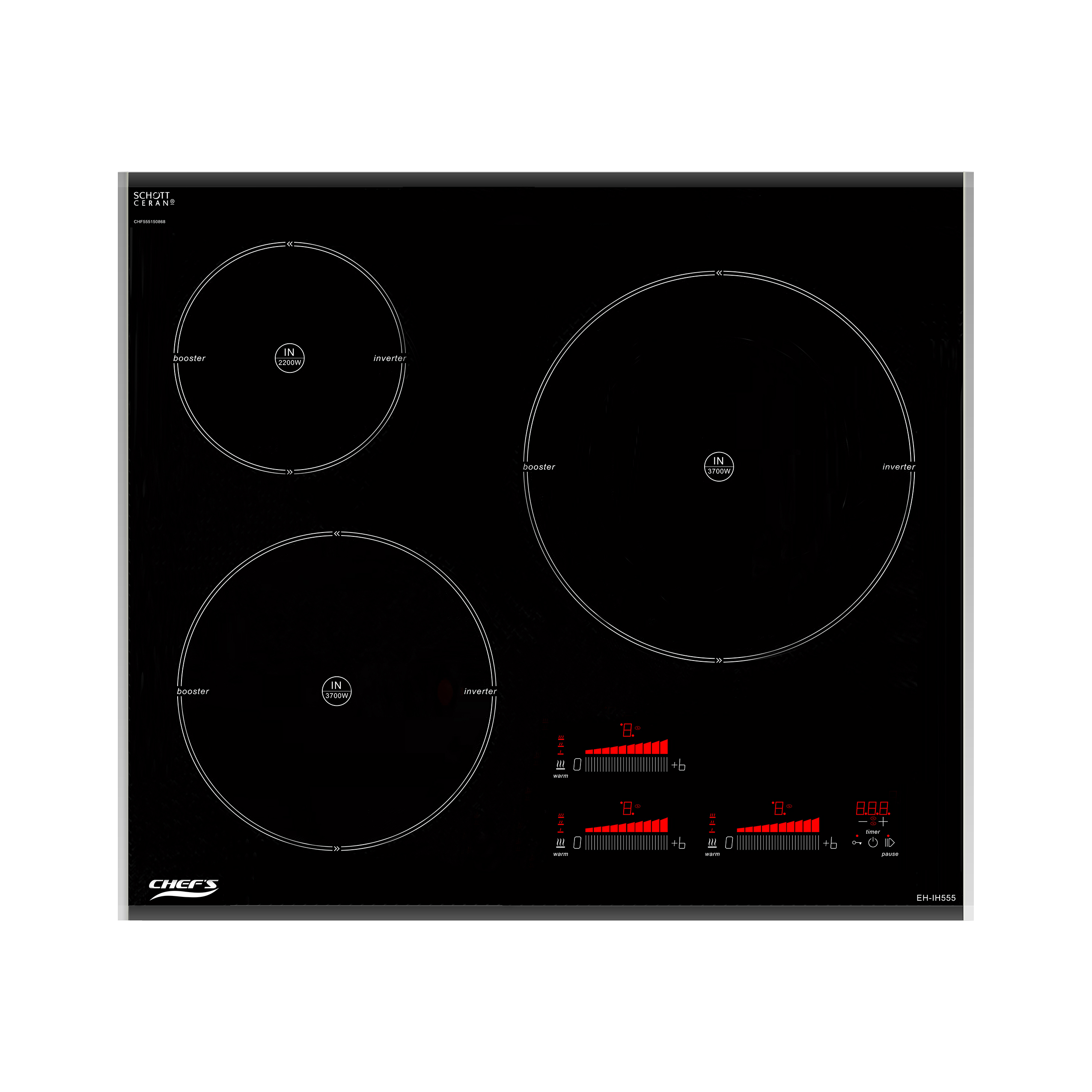 Bếp Từ CHEF'S EH-IH555 - 3 vùng nấu từ, Inverter thông minh, Cảm ứng 9 mức công suất, Cảm biến an toàn