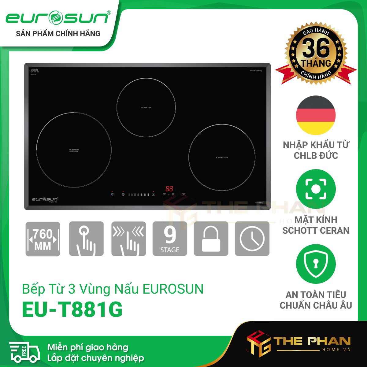 Bếp Từ Eurosun EU-T881G - 3 Vùng Nấu Cảm Ứng Từ