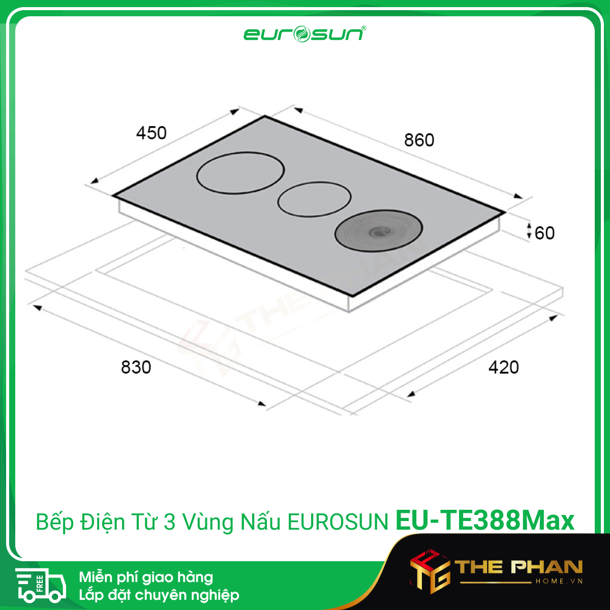 Bếp Điện Từ 3 Vùng Nấu Eurosun EU-TE388Max - Inverter thông minh
