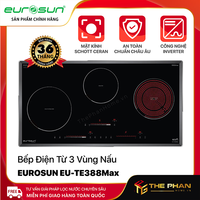 Bếp Điện Từ 3 Vùng Nấu Eurosun EU-TE388Max - Inverter thông minh, Nhập khẩu chính hãng