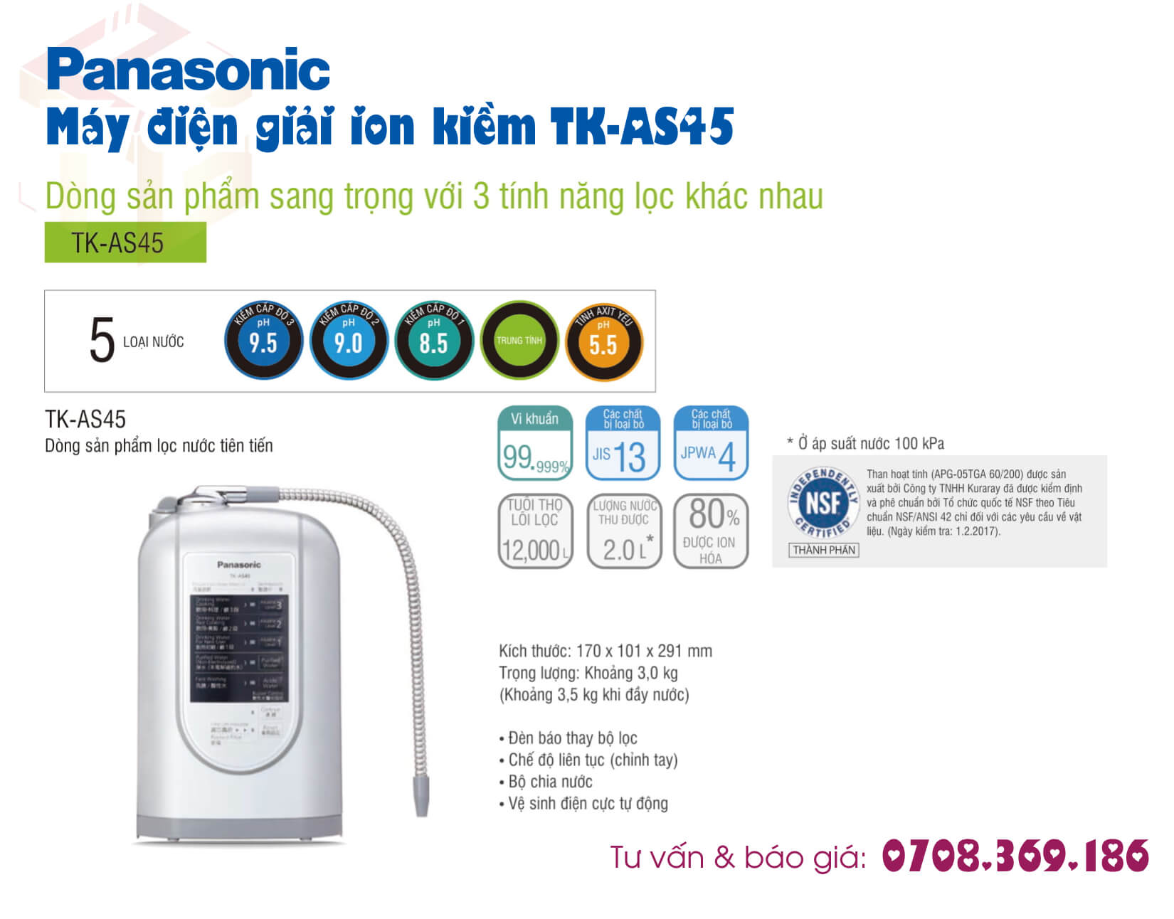 Thông số kỹ thuật Máy Lọc Nước Điện Giải iON Kiềm PANASONIC TK-AS45
