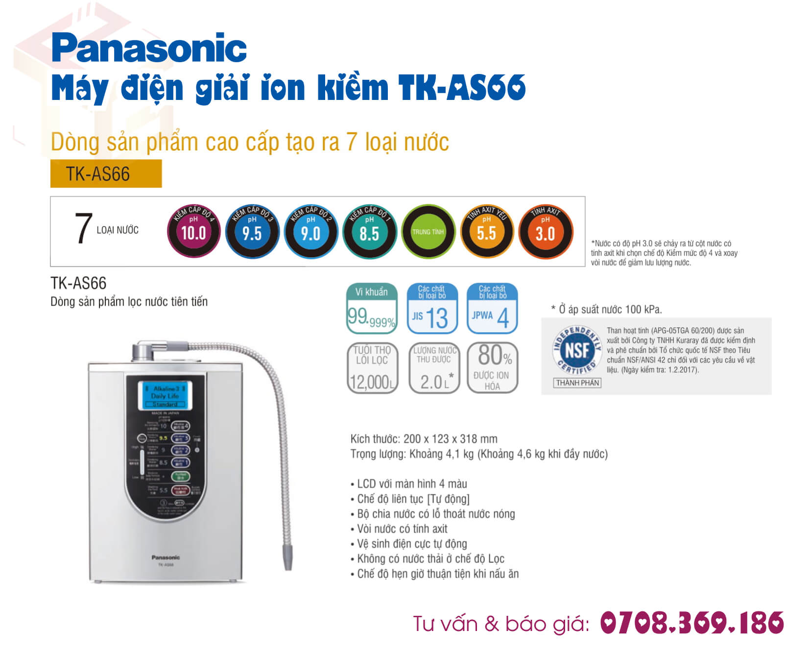 Thông số kỹ thuật Máy Lọc Nước Điện Giải iON Kiềm PANASONIC TK-AS66