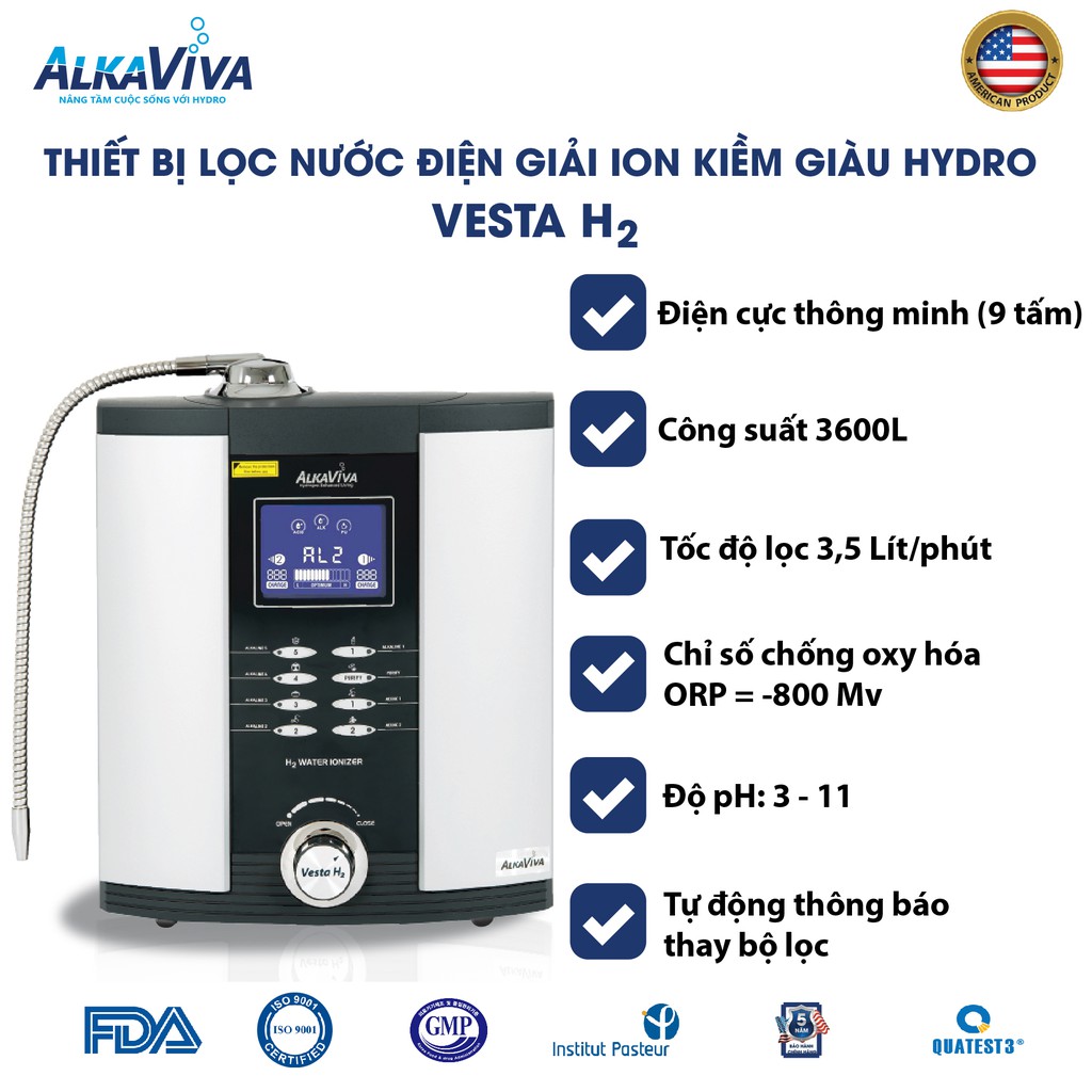 Máy Lọc Nước Điện Giải Ion Kiềm Giàu Hydro ALKAVIVA VESTA H2