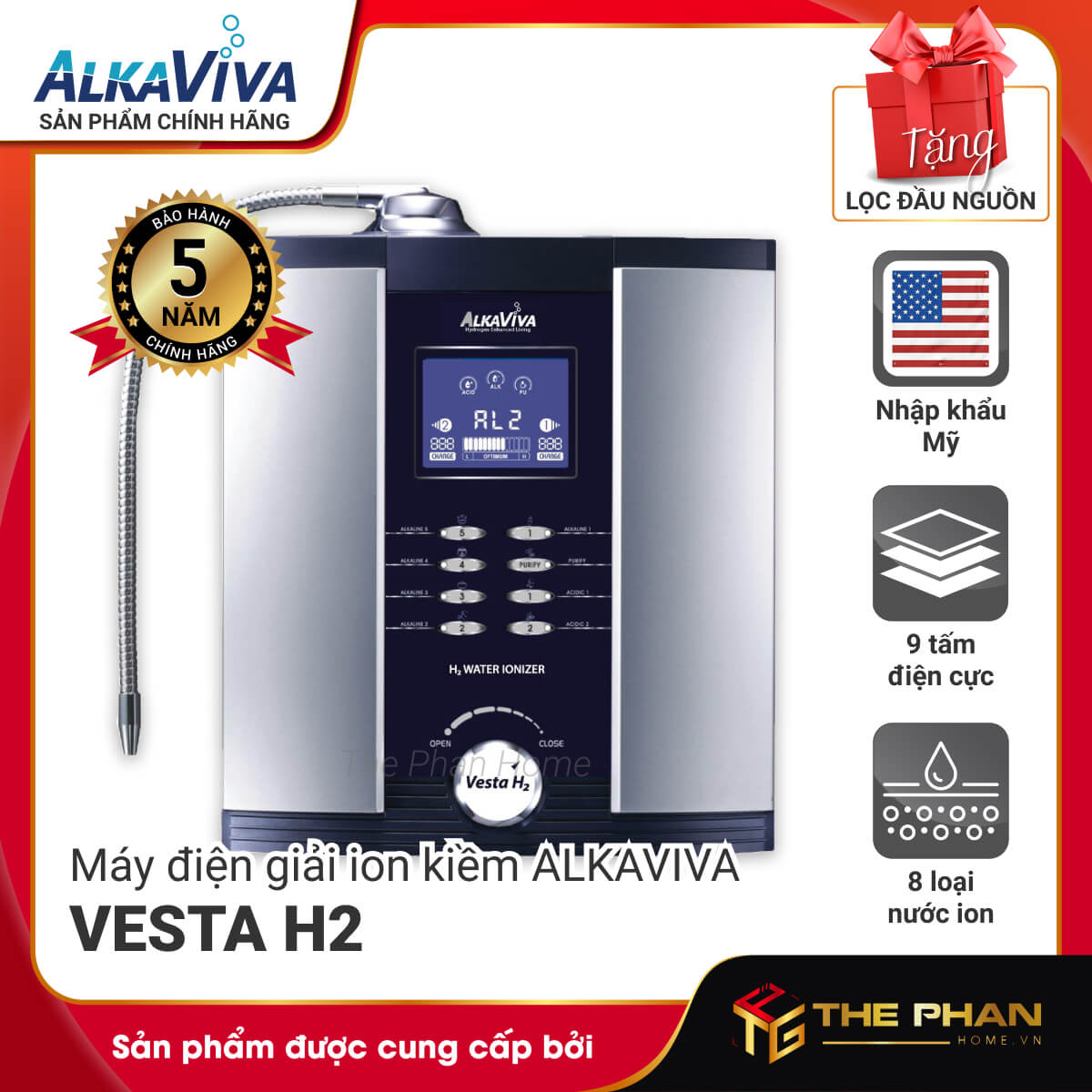 Máy Lọc Nước Điện Giải Ion Kiềm Giàu Hydro ALKAVIVA VESTA H2