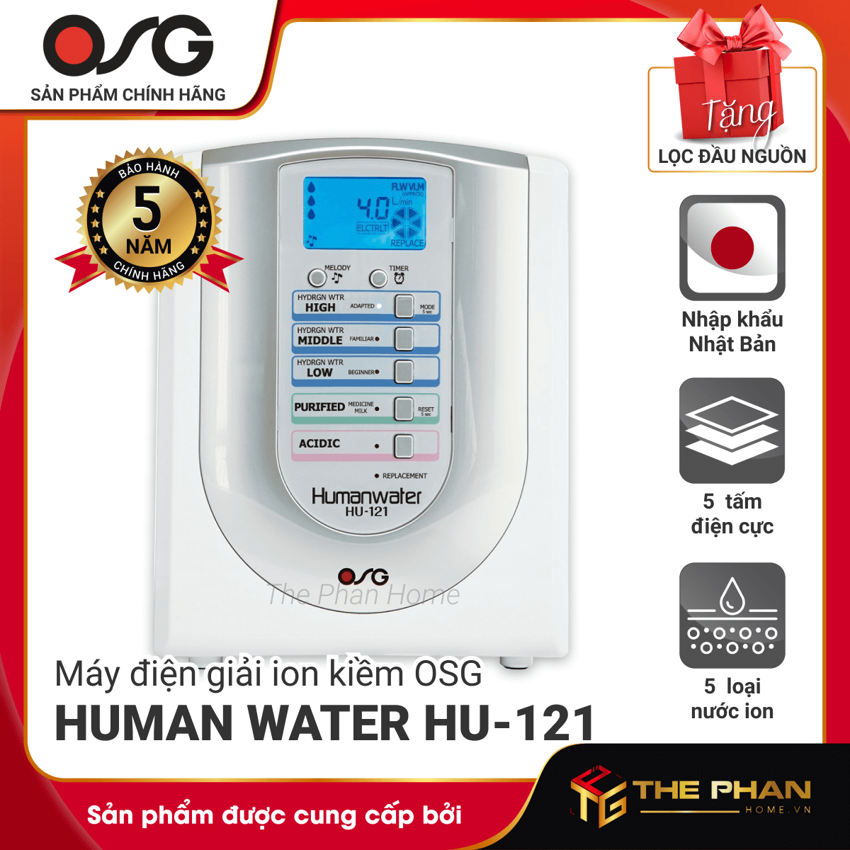 Máy Lọc Nước Điện Giải Ion Kiềm Giàu Hydro OSG Human Water HU-121