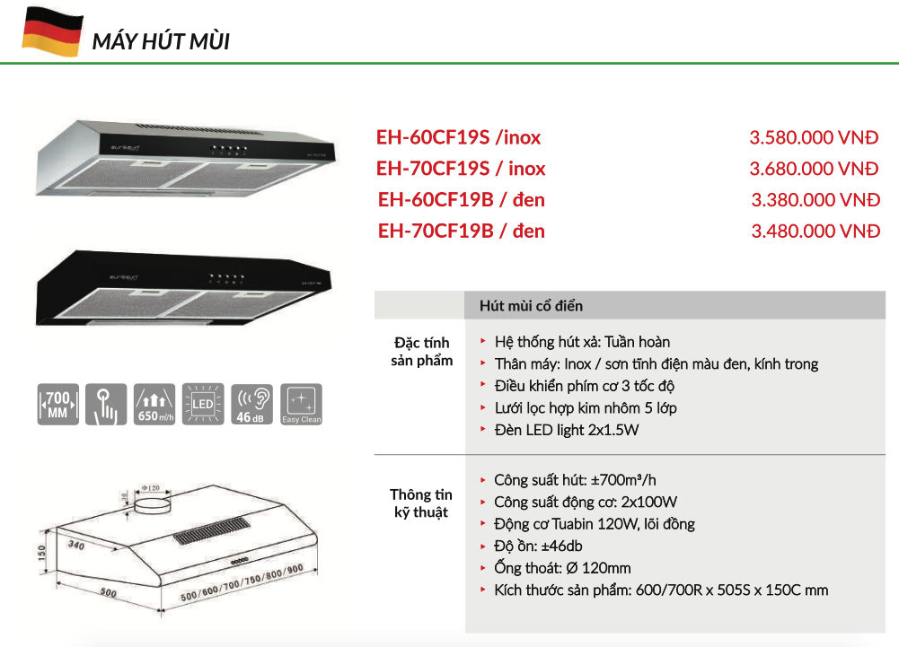 Máy Hút Mùi Eurosun EH-60CF19S