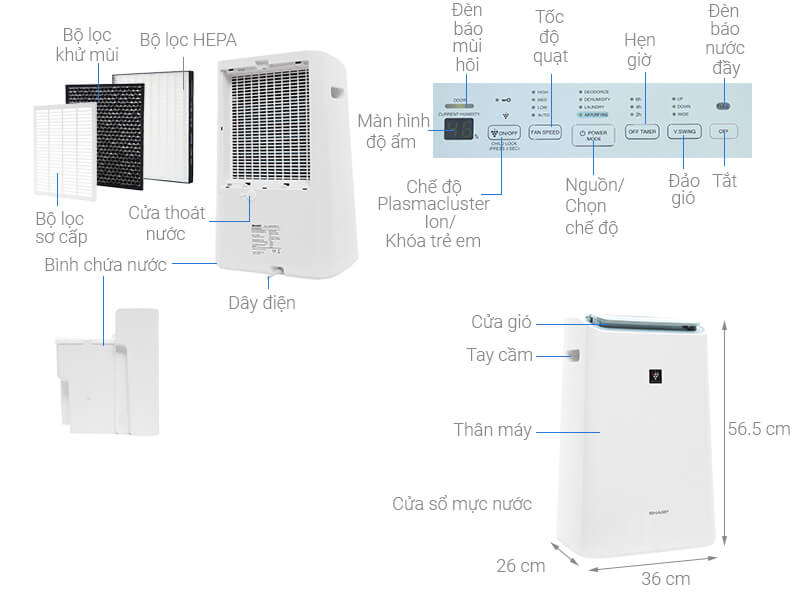 Máy Tạo Ion Lọc Khí và Hút Ẩm Sharp DW-E16FA-W, Cảm biến, Khử khuẩn