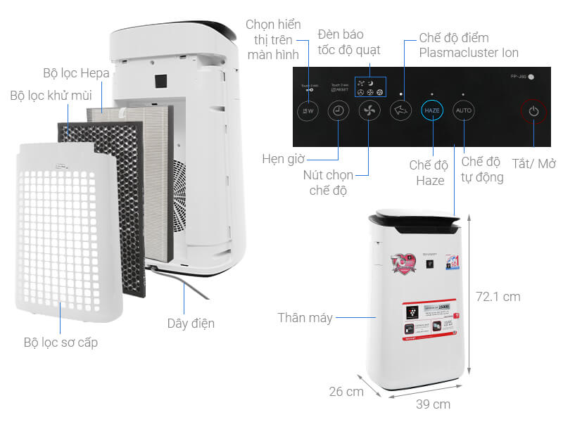 Máy Lọc Không Khí Sharp FP-J60E-W (<48m²) - Inverter, Cảm biến