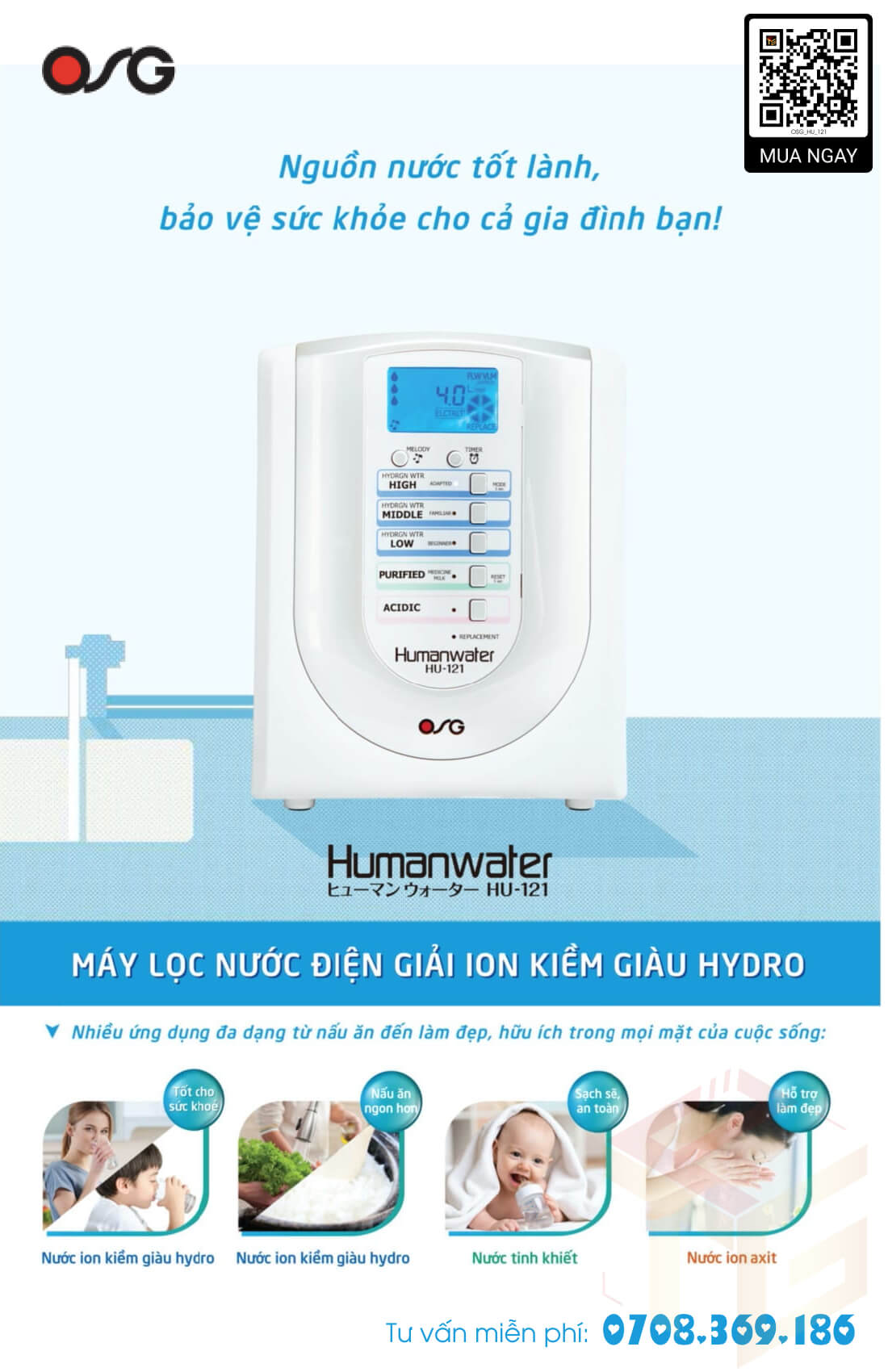 Máy Lọc Nước Điện Giải Ion Kiềm Giàu Hydro OSG Human Water HU-121