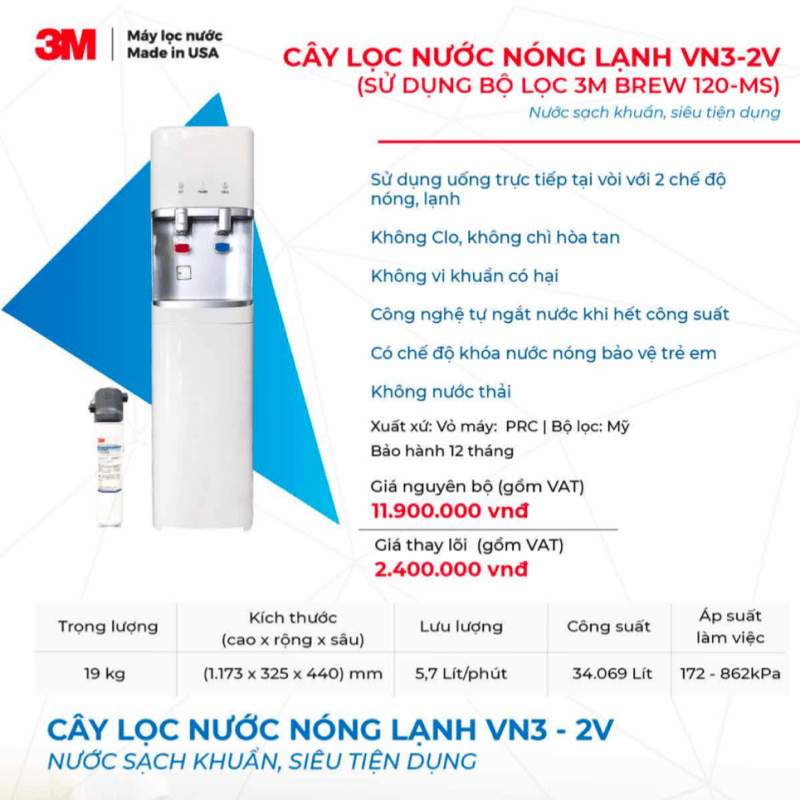 Máy Lọc Nước Nóng Lạnh VN3-2V Sử Dụng Lõi Lọc 3M BREW 120-MS