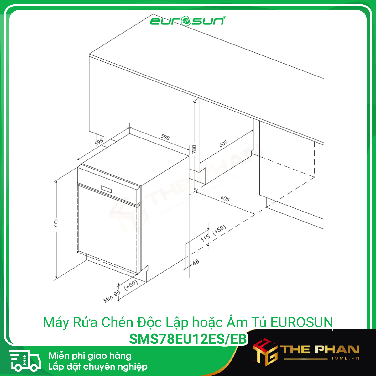 Kích thước lắp đặt của Máy Rửa Chén Bát Eurosun SMS78EU12EB (Black) | SMS78EU12ES (Silver) - Sức chứa 13+ Bộ