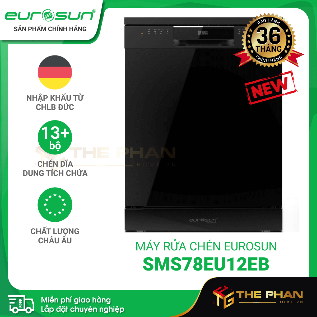 Máy Rửa Chén Bát Eurosun SMS78EU12EB (Black) - Sức chứa 13+ Bộ