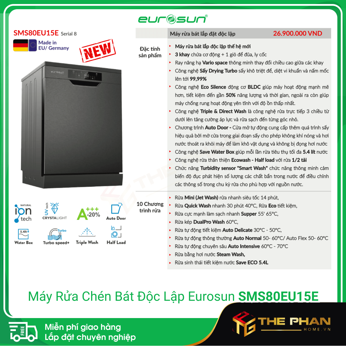 Máy Rửa Chén Eurosun SMS80EU15E