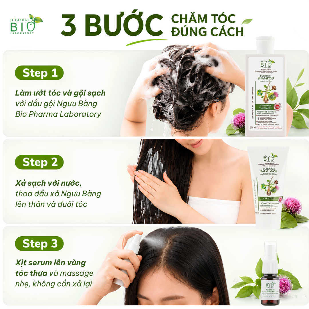 ROUTINE 3 BƯỚC CHĂM SÓC TÓC RỤNG TẠI NHÀ VỚI COMBO NGƯU BÀNG BIO PHARMA LABORATORY