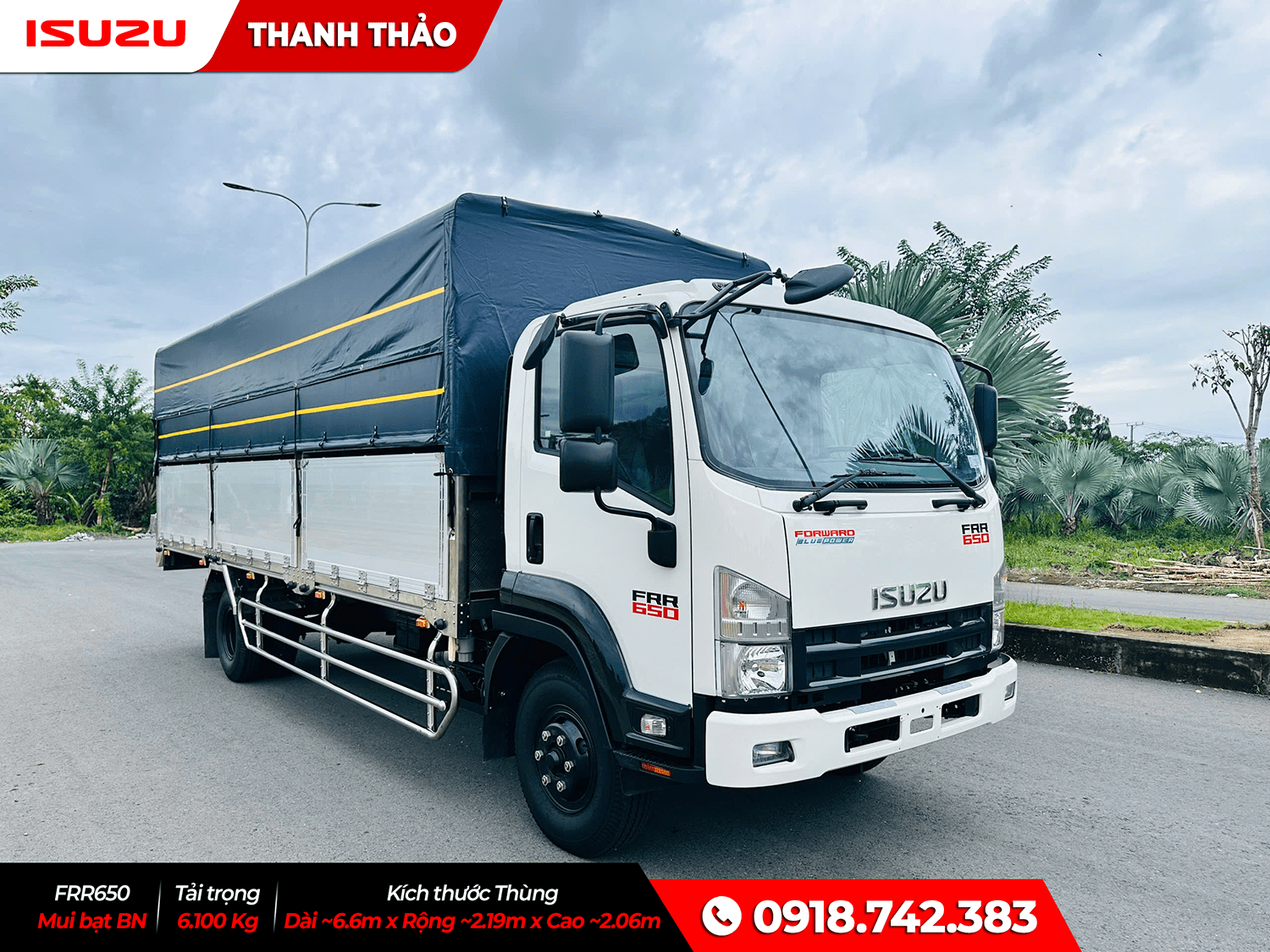 Xe tải Isuzu FRR650 Mui bạt bửng nhôm - Tải 6.1 tấn - Thùng dài 6m6